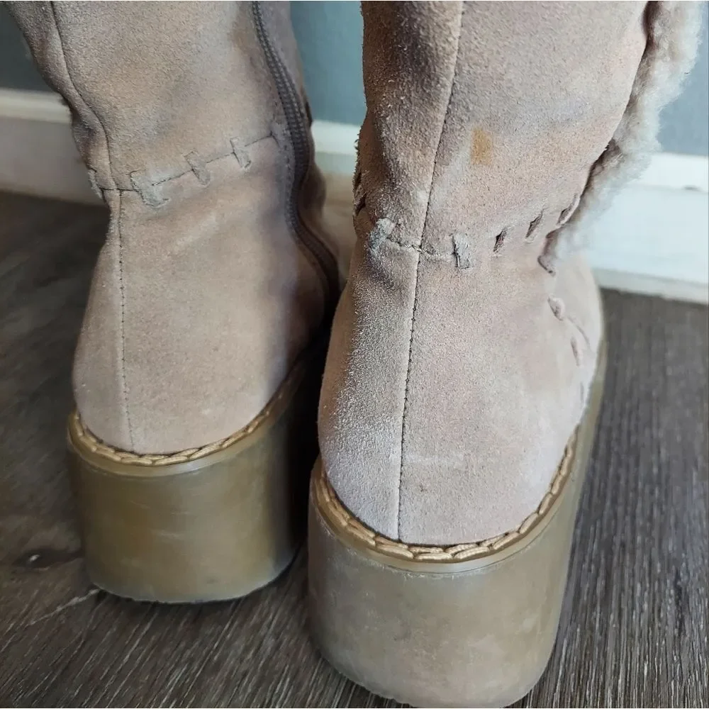 Vintage 90s Xhilaration Suede Platform Faux Fur Trim Chunky Boots Size 8.5